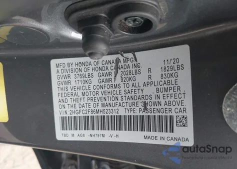 2021 Honda Civic Sport из США, поврежденный, VIN 2HGFC2F86MH523312